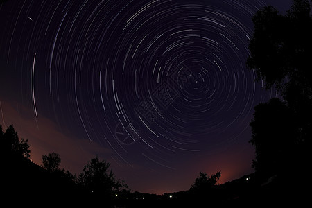 夜景 夜空中孤独的树 与移动的恒星星星天文科学运动线条水平天文学痕迹宇宙蓝色图片