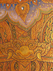 在泰国寺庙的墙壁画画和纹理艺术历史古董佛教徒文化场景神社装饰风格宗教图片