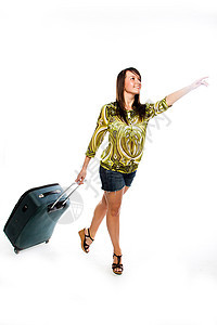 带着手提箱的女孩乐趣护照白色游客商务行李通勤者幸福人士商业图片