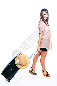 带着手提箱的女孩乐趣女性商业护照行李商务游客人士案件微笑图片