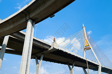 泰国的这座桥跨越了河邮政戒指蓝色吊带建造过山车天际景观商业路线图片