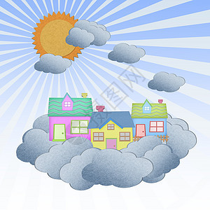 房子的回收纸 在天上的云上和太阳工艺销售构造住宅业主街道建筑师天空公寓窗户图片