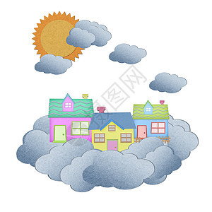 房子的回收纸 在天上的云上和太阳建筑师卡通片村庄窗户天空艺术建造阴影工艺销售图片