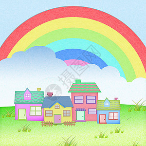 含有草场彩虹背景的回收纸屋内艺术阴影卡通片太阳回收工艺建造村庄建筑师销售图片