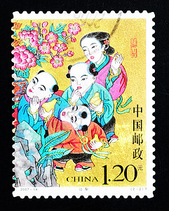 中国中国2007年 中国印刷的印章展示了分享梨子的历史故事 2007年circa海豹语言绘画邮戳艺术黑色邮政邮资白色明信片图片