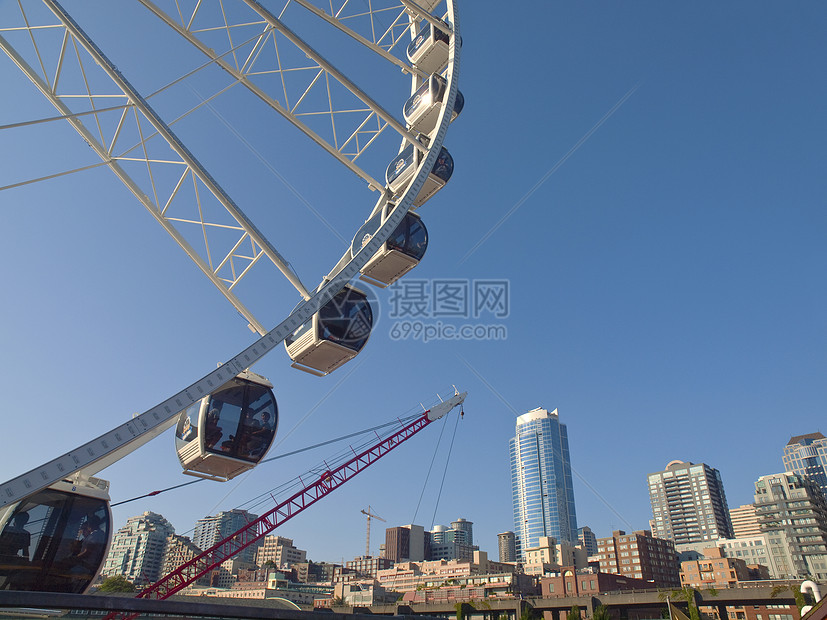 摩天轮和西雅图天线建筑学隔间天际建筑物摩天大楼旋转城市高架观光活动图片