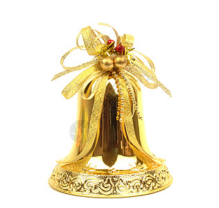 圣诞钟装饰品丝带黄色金子白色背景图片