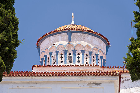 萨莫斯东正教蓝色白色城市建筑建筑学圆顶宗教村庄旅行教会图片