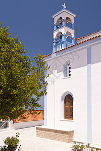 萨莫斯东正教建筑物回廊海岸建筑学蓝色旅行白色尖顶村庄宗教图片