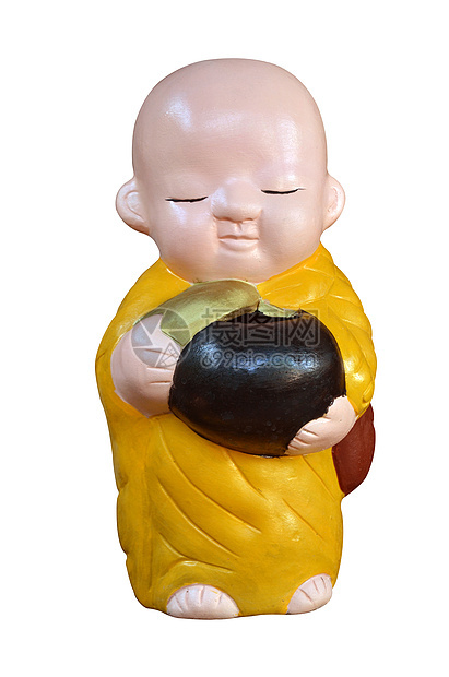 儿童和尚在白种背景上被孤立宗教冥想信仰石头身体寺庙数字姿势男生陶器图片