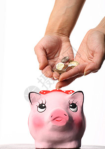 银行粉色花费制品现金退休手指储蓄利润债务财富图片