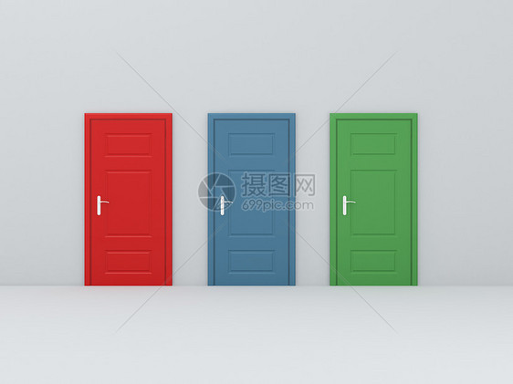 三个不同的门门把手绿色自由蓝色入口红色出口房间家具建筑学图片