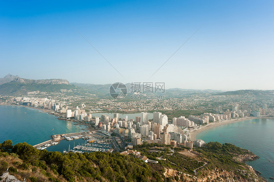 Calpe 算数阳光城市海岸天际酒店码头鸟瞰图公寓摩天大楼晴天图片