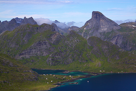 挪威湾山峰大豆旅游全景胜地村庄峡湾山脉风景图片