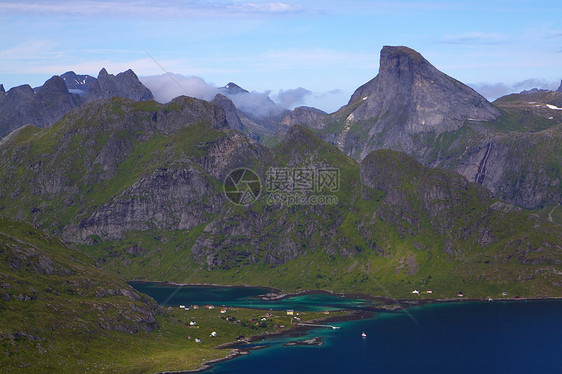 挪威湾山峰大豆旅游全景胜地村庄峡湾山脉风景图片