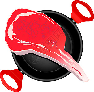 锅里有肉牛肉红色陶器平底锅厨房滴水盘黑色猪肉炙烤插图图片