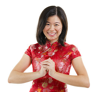 中华新年快乐旗袍女性庆典问候语扣子衣服戏服传统微笑快乐图片