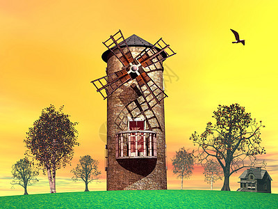 旧风力厂城堡日落天空爬坡活力蓝色村庄力量艺术品建筑学图片