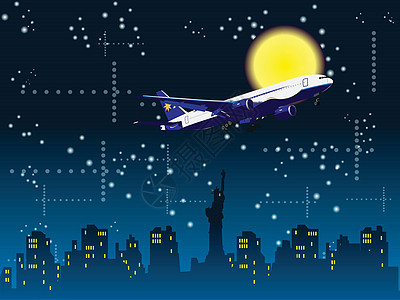 飞机在夜间飞往纽约的飞机图片