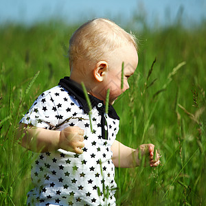 青草中的男孩幸福眼睛喜悦生活婴儿植物天空草地蓝色衬衫图片