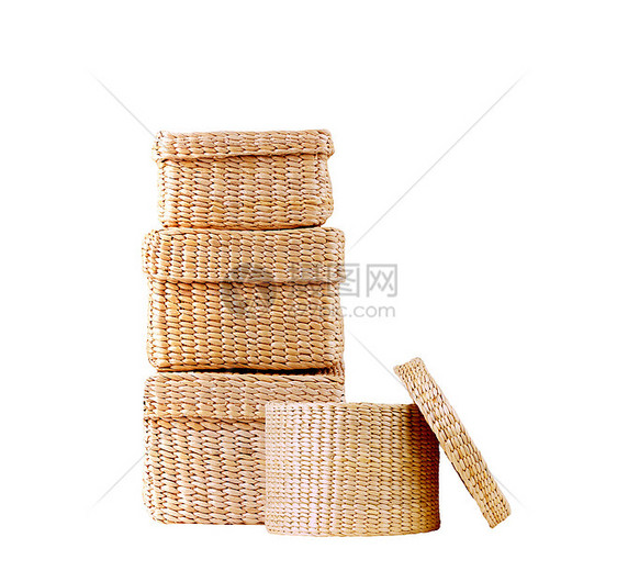 孤立的圆圆形草篮柳条拼接棕色稻草盒子芦苇木质篮子工艺手工图片