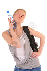 太热了女孩头发瓶子口渴生活运动保健塑料太阳蓝色图片