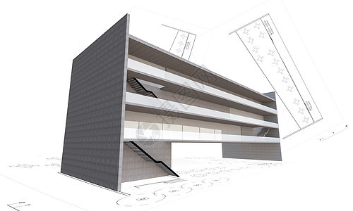 3d 孤立的现代建筑建筑建造概念插图工程商业楼梯蓝图城市地面技术房子玻璃窗户图片