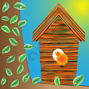 树上的鸟屋蓝色鸟舍涂鸦飞行翅膀太阳房子鸟巢橙子艺术图片