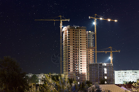夜间建筑工地起重机水平建筑学框架工人城市工作背景图片