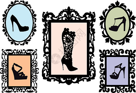 古董框 矢量组中的鞋底轮尾靴子绘画脚跟鞋类女性凉鞋购物边界配饰插图图片