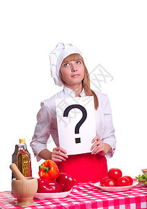 迷人的厨艺女郎 白过白色背景价格妻子零售平底锅厨房购物蔬菜幸福烹饪夫妻图片