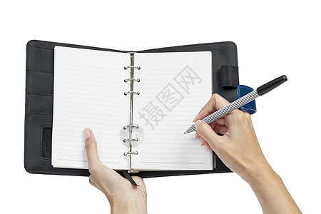 打开空白页注释书和手皮革回忆软垫宏观笔记商业日记白色活页记事本图片