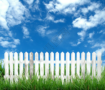 蓝色天空的白栅栏叶子季节花园栅栏场地环境院子地平线农场草地图片