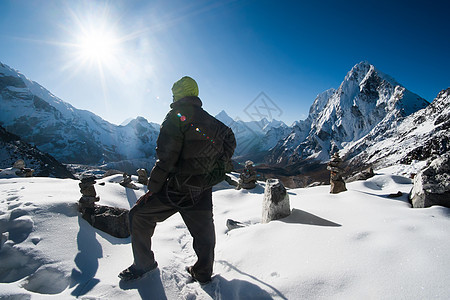 喜马拉雅山清晨登山和Cho La通过山腰游客明信片旅游岩石昆布大雪首脑旅行天空图片