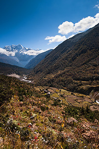 喜马拉雅景观 下雪山峰和高地村图片