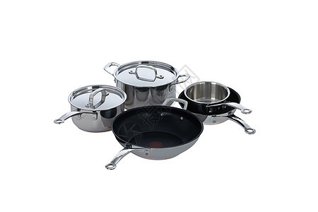 白色隔离的不锈钢锅和锅金属玻璃烹饪厨房油炸食物炊具煎锅厨具平底锅图片