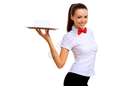 年轻女服务员 带空托盘酒店微笑食物工人男性派对女性女士玻璃奢华图片