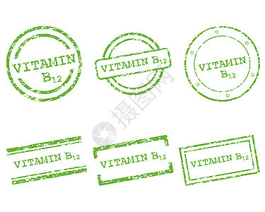 维生素B12邮票贴纸绿色购物按钮标签维生素插图打印海豹销售图片