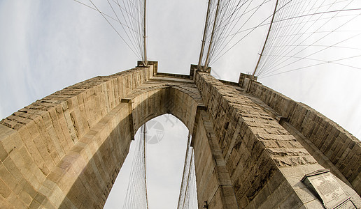 纽约布鲁克林大桥高梁的鱼眼透镜照片城市石头地标人行道电缆观光岩石全景假期天际图片