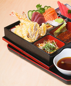 日本本托午餐套餐盒子海鲜螃蟹沙拉便当海藻餐厅蔬菜油炸叶子图片