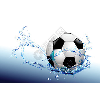 蓝色背景的足球球周围的水滴图片