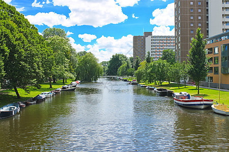 在荷兰阿姆斯特丹公园的运河上的船只图片