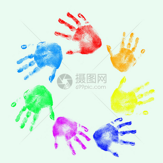 人手的彩色指纹蓝色邮票彩虹打印拇指手指手印创造力墨水烙印图片