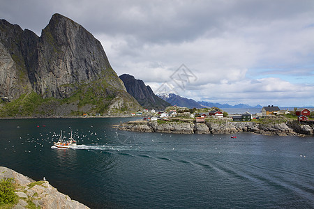 在fjord的渔船风景峡湾村庄大豆钓鱼海鸥图片