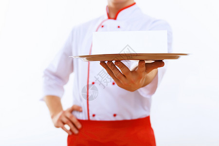 厨师持有空托盘服务员餐厅女性服务厨房食物金属烹饪餐饮围裙图片