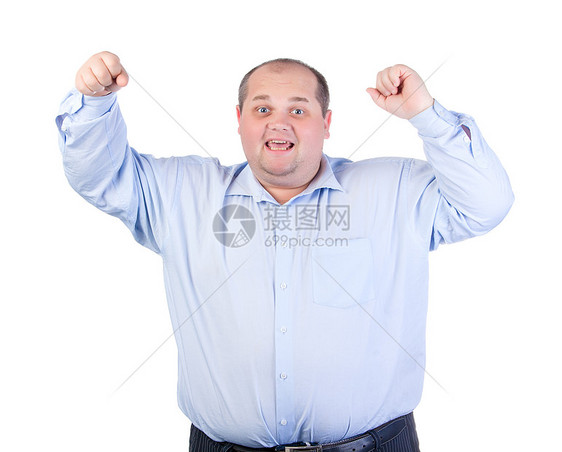 穿着蓝衬衫的快乐胖子衬衫白色胡子冒充肥肠腹部成年人蓝色男人工作室图片