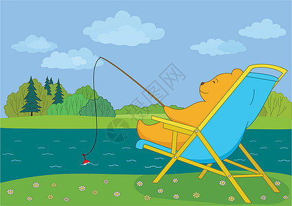 泰迪熊在森林河中捕鱼漂浮蓝色垂钓者木头钓鱼草地天气植物群林地植物图片