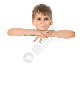 男孩拿着横幅孩子推介会海报快乐手指广告教育广告牌帆布框架图片