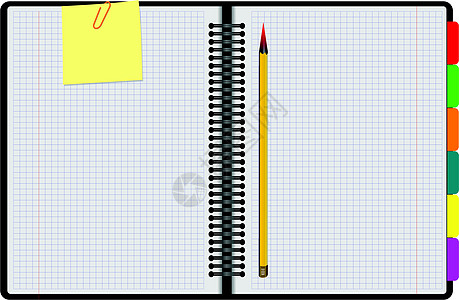 在白背景上打开黑笔记本 黄色剪贴无书法铅笔笔记文档小册子卷曲商业插图草图会议图片