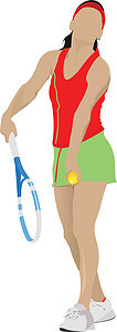 女性网球玩家 为设计师绘制彩色矢量插图爱好锦标赛运动运动员服务球拍娱乐草地男人行动图片